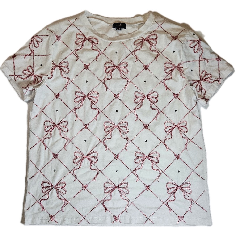 On Twelfth Shirt Womens 2XL White Coquette‎ Embroidered Lattice Metallic Hearts